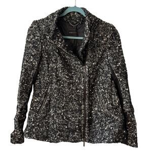 BCBG Max Azria black and white tweed swing jacket with black stretch sleeves
